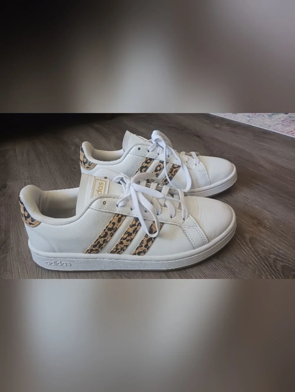 adidas White Sneakers with Leopard-Print Stripes, W Size 8.5 - Picture 3 of 11